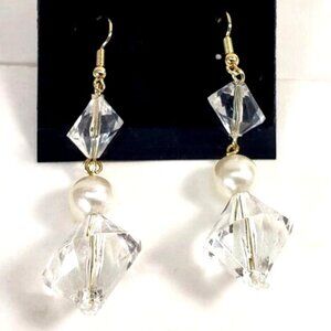 Clear Twisted Bead Drop Earrings w/ Off-White Accent Modern Statement Dangle